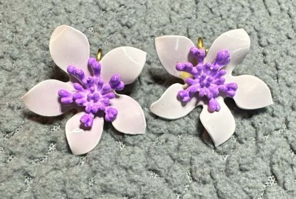 Vintage Enamel Purple Flower Clip-On Earrings Retro Floral